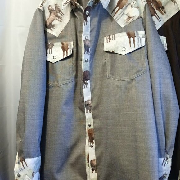 NEW Mens Western Cowboy Snap up Shirt M Dark or Light brown Horses yokes & Cuffs - Picture 3 of 12